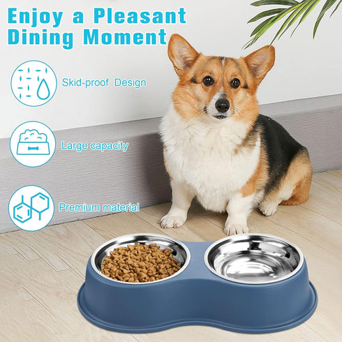 Double Dog Bowls, Stainless Steel Water and Food Bowls with Non-Slip Resin Station for Medium Dogs and Cats