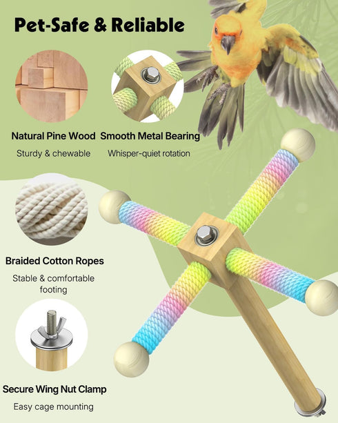 360 Pawfly Rotating Bird Perch Toy, Interactive Spinning Bird Stand Parrot Perch, Natural Wooden Chew Toy for Small