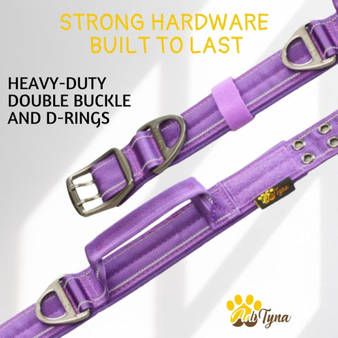 Heavy-Duty Dog Collar with Handle by ADITYNA, Reflective Purple for Large Dogs, Wide, Thick, Tactical, Soft Padded