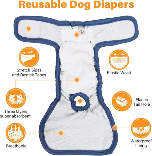 WELOMELO 3 Pack Washable Female Dog Diapers Premium Reusable Diapers for Dog in Heat - Highly Absorbent for Untrained