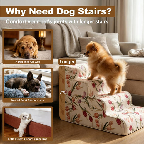18" 4-Step 30D Country Dog Stairs for Bed & Couch H, Extra Long Dog Steps for Bed with Foam, Style Pet Stairs for Small