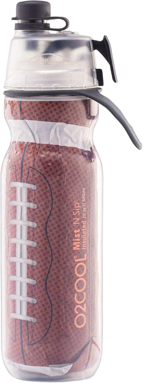O2COOL Mist 'N Sip Misting Water Bottle, No Leak Pull Top Spout, 20 oz (Football)