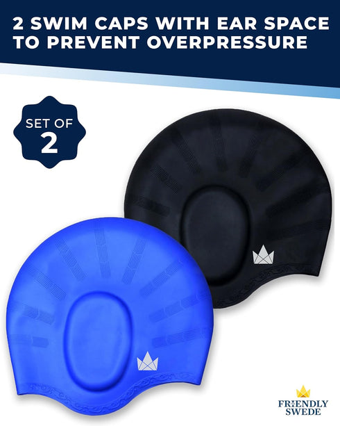 The Friendly Swede 2-Pack Swim Caps for Women & Men — Waterproof Silicone Swimming Caps for Medium & Long Hair