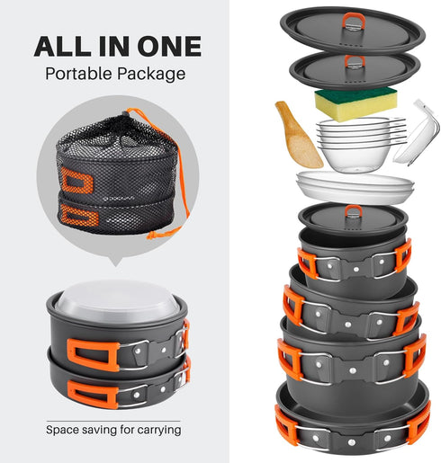 Odoland 15pcs Lightweight Non-Stick Camping Cookware Pots and Pans Set with Plastic Plates and Bowls