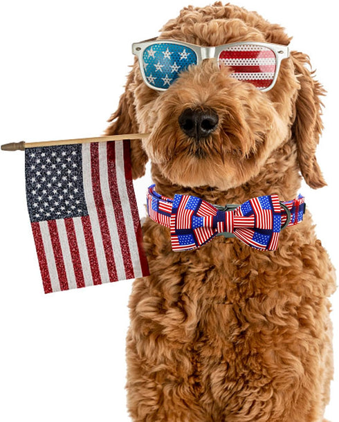 Elegant Little Tail Independence Day Dog Collar, Holiday Pet Collar with Bow, Adjustable Durable Patriotic Collar for