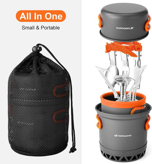 Odoland Camping Pots with Heat Exchanger, Camping Cooking Set with Portable Stove, Mess Kit for Hiking & Picnic