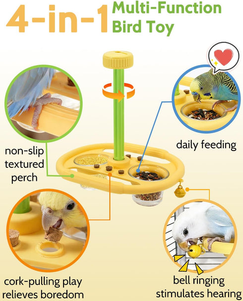 TriGia Paws 2 360 Bird Spinning Toy with Feeding Cups, Rotating Bird Toys for Parrots with Bells & Cork for Boredom