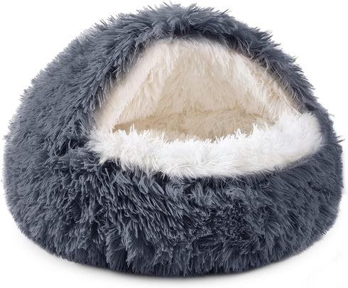NOYAL Round Hooded Plush Dog Bed, Anti-Anxiety Fluffy Donut Bed for Small Medium Dogs and Cats