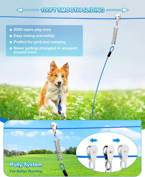Upgraded Dog Runner for Yard, Trolley System with Elastic Cable for Large Dog