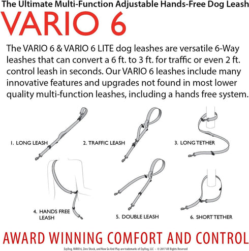 EzyDog Vario 6 Multi-Function Dog Leash with Snap Hook and Reflective Stitching, Standard Red