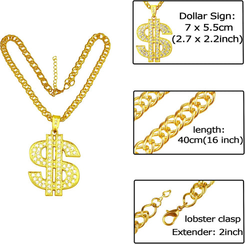 FUNKA Gold Chain Dog Collar Adjustable Cuban Link Dog Necklace with Crystal Dollar Sign Pendant Cute Fashion Pet Jewelry Chain Puppy Cat Costume Outfits Accessories with Extender Chain