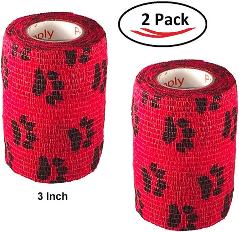 Vet Wrap Tape (Red with Paws) (2 Pack) (4 Inch x 15 feet) Self Adhesive Cohesive Flex Bandage for Pets