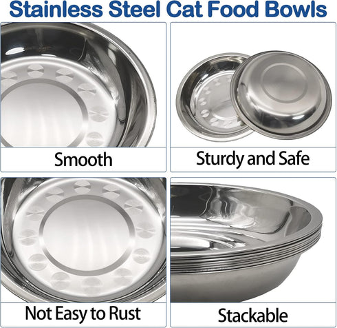 kathson 8 Pcs Stainless Steel Cat Food Bowls, Replacement Whisker Relief Metal Dishes, Shallow Wide Cat&Dog Bowls (7.00