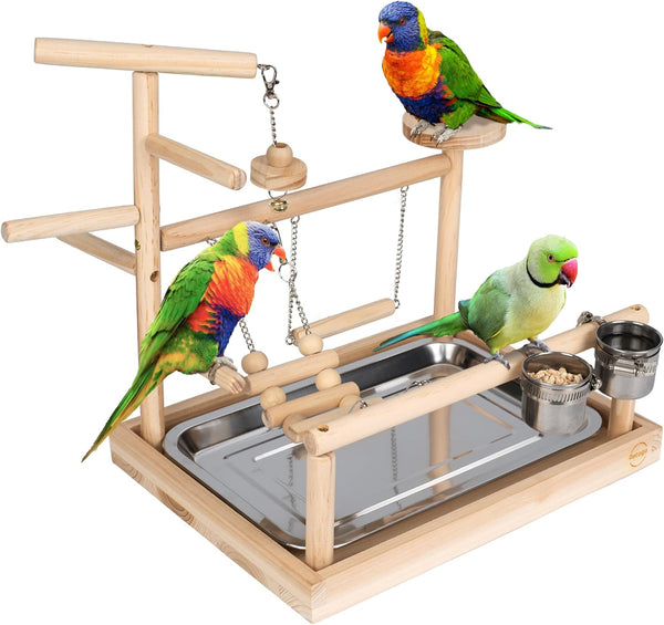 PETOGO Bird Playground with Playstand, Large Natural Wood Stand for Small/Medium Birds
