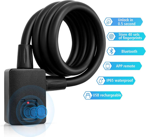 MYPIN Bluetooth Fingerprint Bike Lock, Anti-Theft Waterproof, 1M Cable, Combination Lock with Fingerprint & Bluetooth