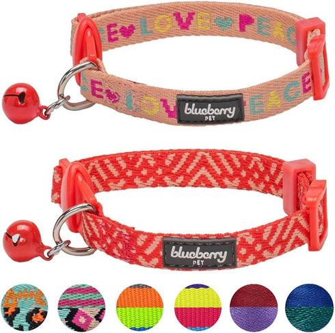 Blueberry Pet Pack of 2 Cat Collars, Adjustable Breakaway with Bell, Love Peace Theme & Salmon Pink Geometry