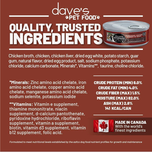 Dave's Pet Food Grain Free Wet Cat Food (Shredded Chicken in Gravy), 13.2 oz Cans (Case of 12) Made in Canada