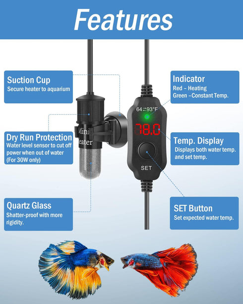 AquaMiracle 20W Adjustable Submersible Aquarium Heater with Digital Display Thermostat for 2-4 Gallon Tanks