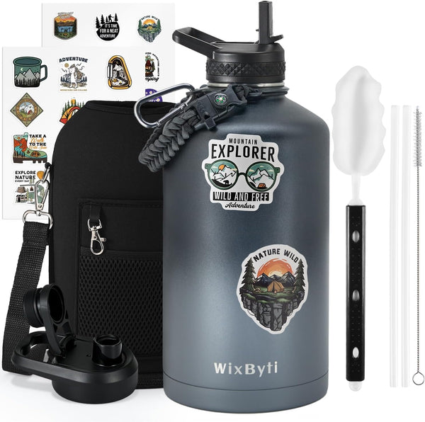 One Gallon Insulated Water Bottle, 128oz Large Sports Stainless Steel Jug with DIY Stickers, Leak-proof Triple Wall
