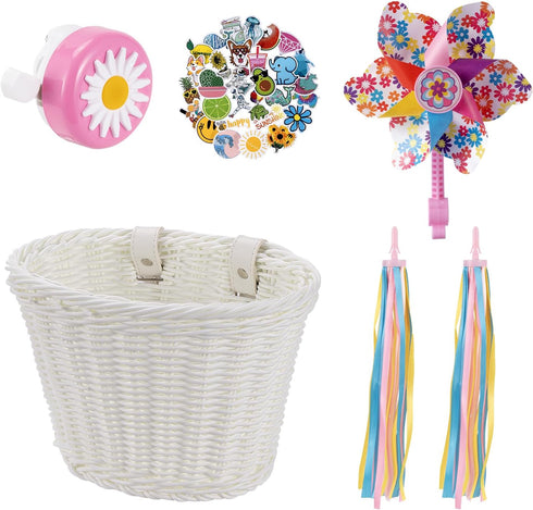 Kids Bike Basket, Woven Front Accessories for Boys & Girls with Stickers, Bell, Windmill, Ribbons
