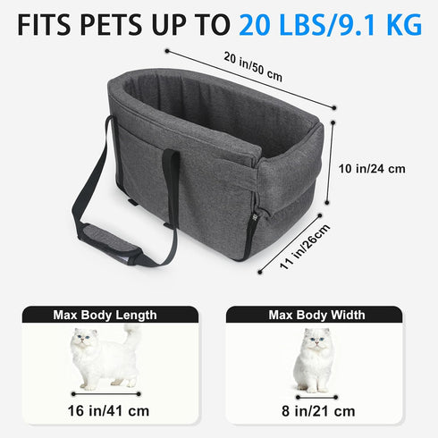 BJOP 15 lbs Small Dog & Cat Car Seat, Detachable Seat, Console Fit, Adjustable Straps, Storage Pocket & Clip-On Leash