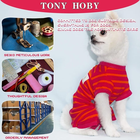 TONY HOBY Dog Pajamas, Female/Male Jumpsuit with Stripes for Comfortable Sleep, Rose Red & Orange, XS