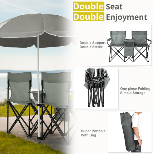 BIVVI 180lbs,Grey Double Camping Chair with Umbrella,Portable Folding Chair w/ Cup Holders,Cooler Bag,Pocket & Carry