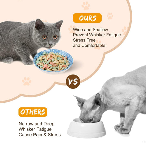 Ceramic Cat Food Bowl Set, Wide Shallow Bowls for Relief Whisker Fatigue, Colorful Flat Cat Dish, Microwave Safe