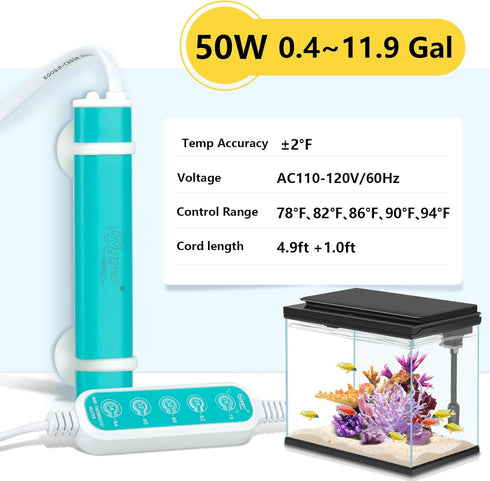 hygger Mini Submersible Aquarium Heater, 50W-Key, Digital Display/Five-Key Controller for Turtle and Betta Tanks