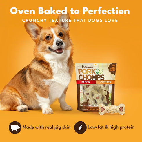 4-inch 12 Count Pork Chomps Dog Chews, Crunchy Bones, Bacon and Chicken Flavor
