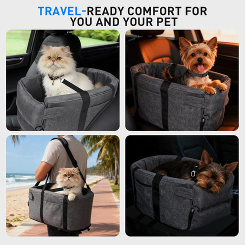 BJOP 15 lbs Small Dog & Cat Car Seat, Detachable Seat, Console Fit, Adjustable Straps, Storage Pocket & Clip-On Leash