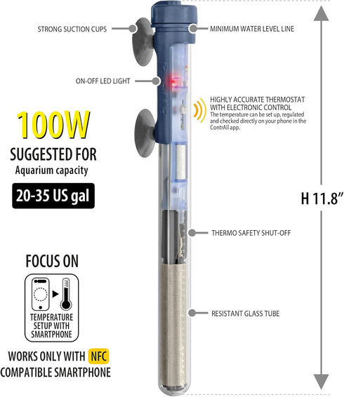 Sicce Scuba 100 Watt Aquarium Fish Tank Heater - Smartphone Controlled via NFC, Adjustable for Marine and Freshwater