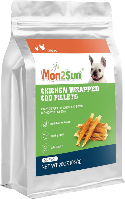 MON2SUN 4 Inch 20oz (56 Count-Pack 1) Rawhide Free Dog Treats, Chicken Wrapped Cod Fillet Dog Snacks for Small Dogs