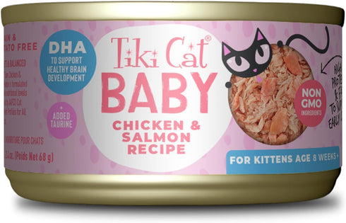 Tiki Cat Baby, Chicken & Salmon, High-Protein Wet Cat Food for Kittens 8 Weeks+, 2.4 oz. Cans (Pack of 12)
