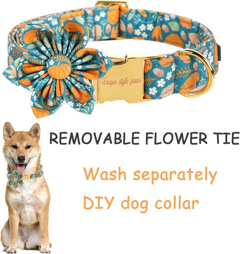 Unique style paws Halloween Dog Collar with Flower Tie - Adjustable Pumpkin Cotton Collar for Small Medium Large Dogs