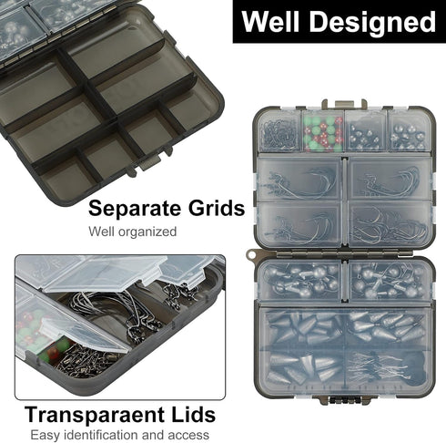 TOPFORT 187/343pcs Fishing Accessories Kit, Includes Jig Hooks, Sinker Weights & Tackle Box