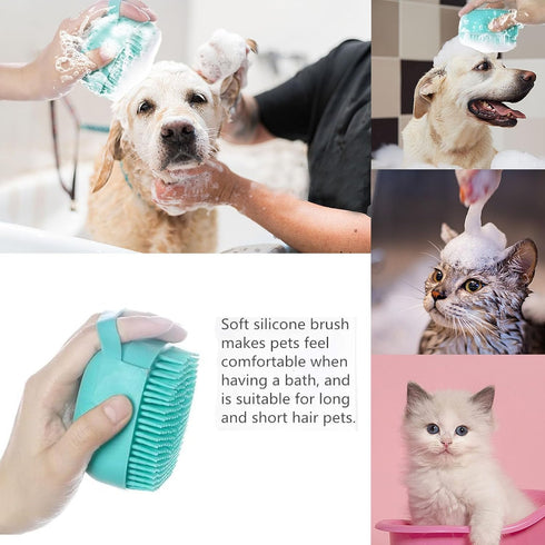 Pet Bath Scrubber Brush, Dog Grooming Massage Shampoo Brush with Soap Dispenser, Soft Silicone Bristle (Blue)