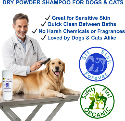 Dry Shampoo for Dogs & Cats – Organic No-Rinse Powder, Hypoallergenic, Odor Control, 7 oz, Made in USA