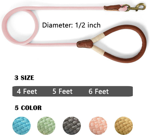 Mile High Life Dog Leash | 5 Feet Strong Rope with Premium Leather Handle | Heavy Duty Clasp | Pink for Small Medium