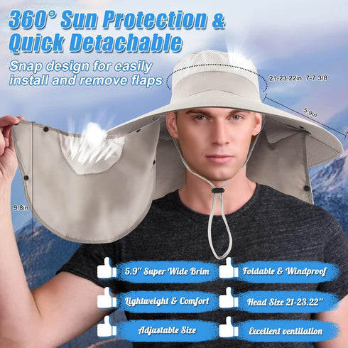 Super Wide Brim Fishing Hat - UPF 50+ Sun Safari Hat with Removable Neck Face Flap