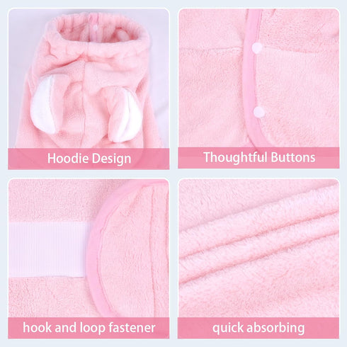 Pet Bathrobe Towel Dog Cat Drying Coat Super Absorbent Cute Dogs Bath Towel Hooded Robe Adjustable Collar & Belly Strap