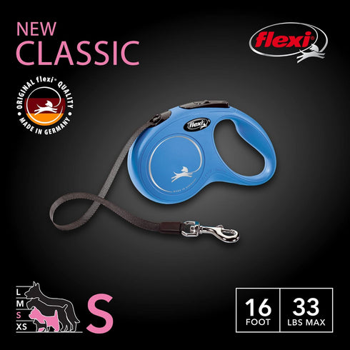 FLEXI New Classic Tape Retractable Dog Leash for Small Dogs Up to 33 lbs. – 16 ft., Blue | Tangle Free Walking Leash