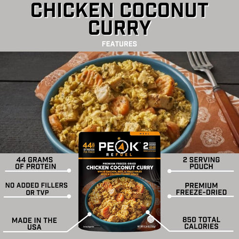 Peak Refuel Chicken Coconut Curry - Freeze Dried Backpacking Food, High Protein, Quick Prep (2 Serving Pouch)