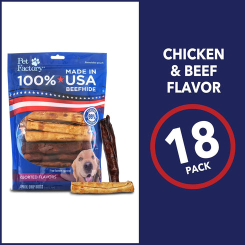 100% 5" 18 Count/1 Pack Pet Factory Made in USA Beefhide Chip Rolls Dog Chew Treats - Beef & Chicken Flavor