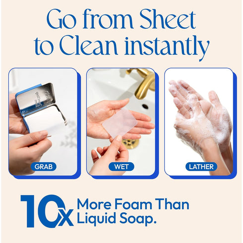 100 FOMIN - Antibacterial Paper Soap Sheets for Traveling - Unscented Portable Hand Soap Sheets for Travel in Tin