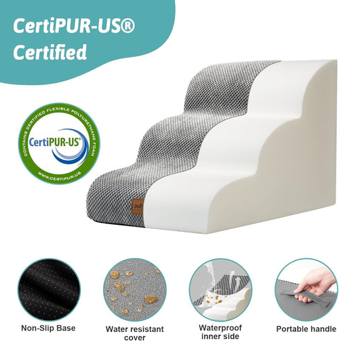 Dog Stairs for Couch or Low Bed, Small Dogs Ramp with Leakproof Fabric Cover, Non-Slip Foam Pet Steps, Grey, 3 Tiers