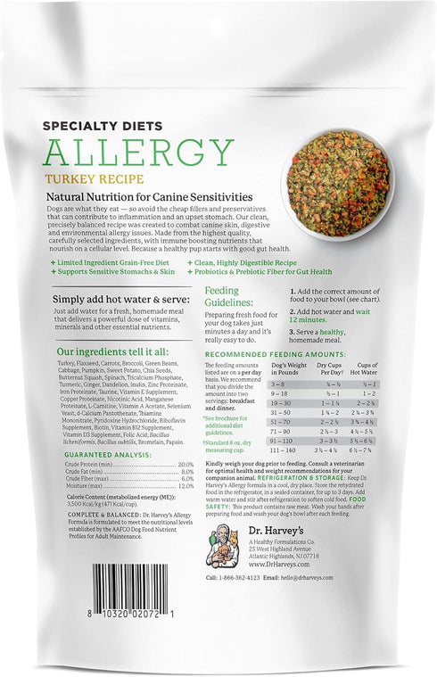 Dr. Harvey's Specialty Diet Allergy Turkey Recipe, Human Grade Dog Food for Dogs with Sensitivities and Allergies, Trial Size (5.5 Ounces)