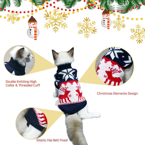 Vehomy 2Pcs Pet Puppy Christmas Sweaters, Navy Blue and Christmas White Knitwear with Reindeers Snowflakes Pattern