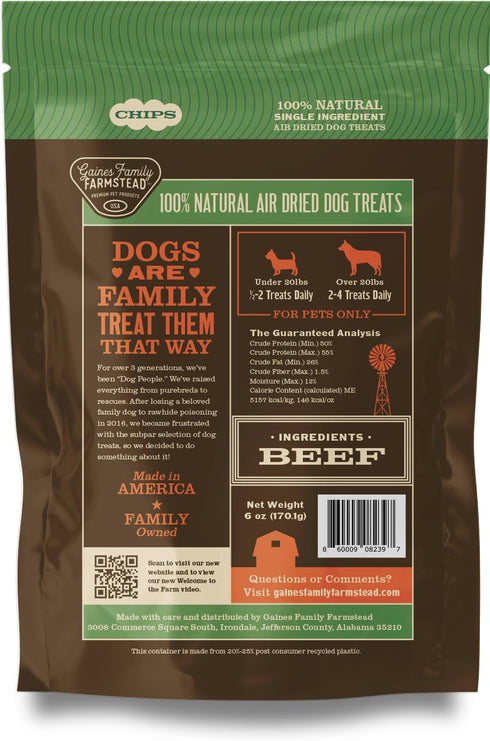 6 oz, Gaines Family Farmstead Beef Chips for Dogs Natural Single-Ingredient Dog Treats, High-Protein Rawhide-Free