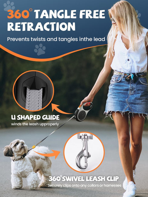 Douexio Upgrade Retractable Dog Leash with LED Flashlight for Small Medium Dogs Up to 66 lbs, Anti-Slip Handle